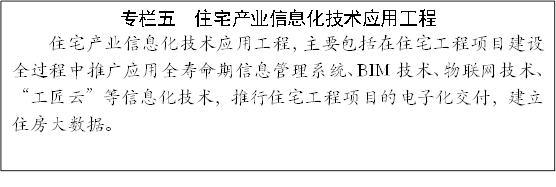专栏五  住宅产业信息化技术应用工程
住宅产业信息化技术应用工程，主要包括在住宅工程项目建设全过程中推广应用全寿命期信息管理系统、BIM技术、物联网技术、“工匠云”等信息化技术，推行住宅工程项目的电子化交付，建立住房大数据。
